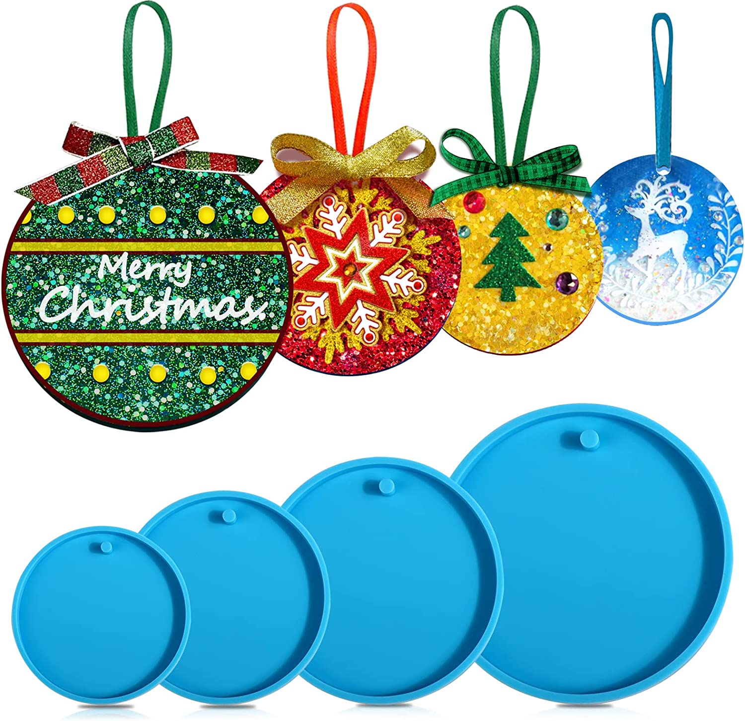 Christmas Ornaments Resin Molds Silicone, 5 Pcs Round Shape Pendant Christmas Molds for Epoxy Resin, DIY Crafts Keychain Making Christmas Tree Decorations
